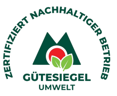 Gütesiegel Umwelt Zertifikat mit Schriftzug Zertifiziert nachhaltiger Betrieb