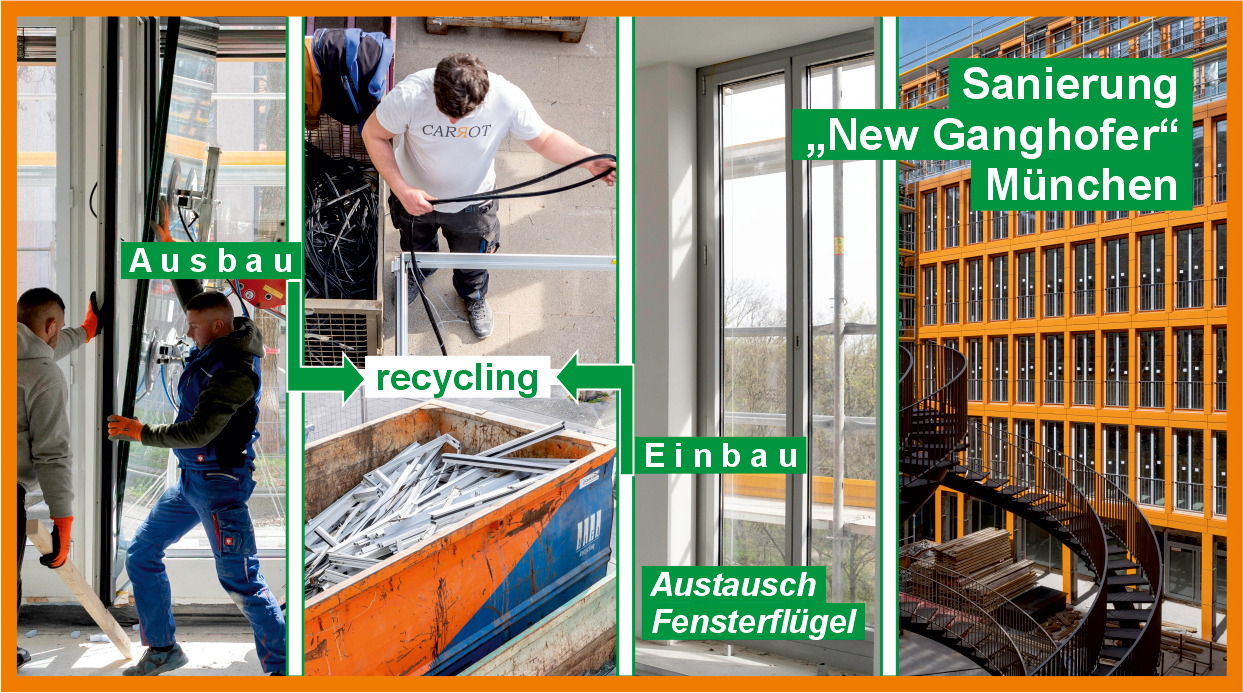 Eine Collage auf der Arbeiter ein Fenster ausbauen - ein weiterer Arbeiter zerlegt das Fenster - man sieht ein neu eingebautes Fenster sowie die ganze Gebäudefassade